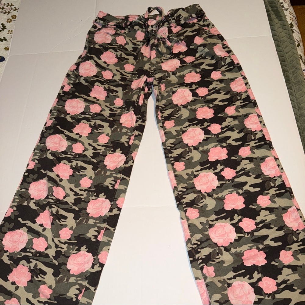 Wide Leg Camo Floral Jeans - Pink Floral on Olive Camo